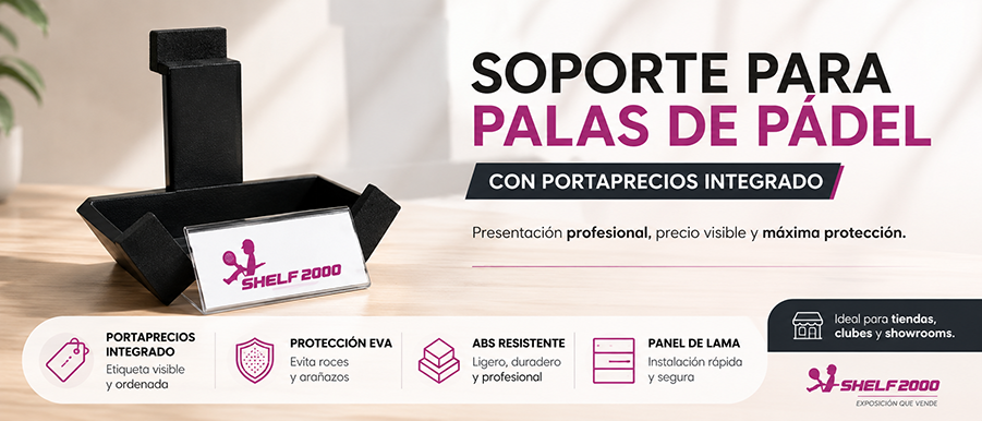 Infograf&iacute;a de soporte para palas de p&aacute;del con portaprecios integrado para panel de lama, fabricado en ABS con protecci&oacute;n EVA.
